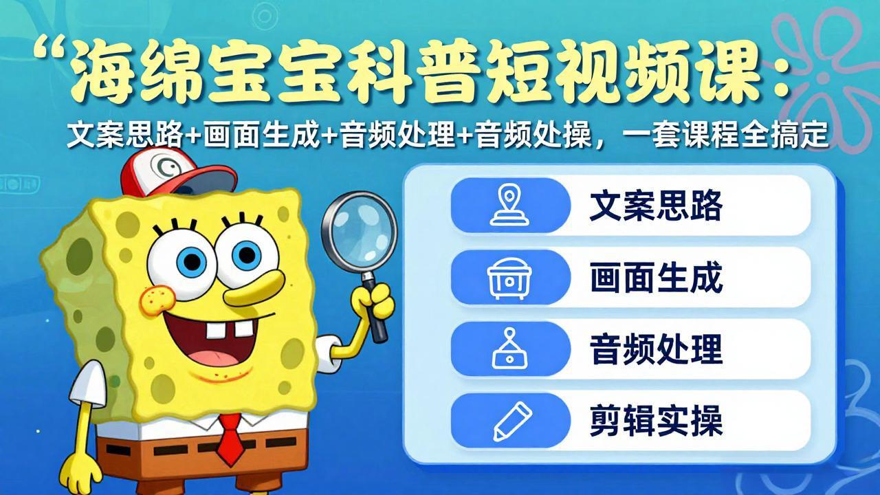 海绵宝宝科普短视频课：文案思路+画面生成+音频处理+剪辑实操，一套课程全搞定-月亮湾网创资源站