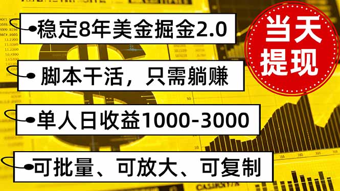 稳定8年美金掘金2.0脚本干活，只需躺赚。单人日收益1000-3000可批量、…-月亮湾网创资源站