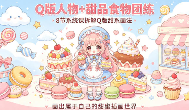 Q版人物+甜品食物团练，8节系统课拆解Q版甜系画法，画出属于自己的甜蜜插画世界-月亮湾网创资源站