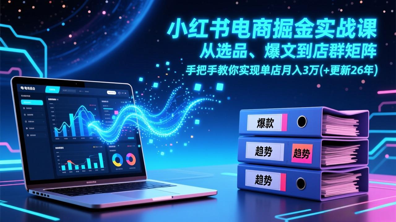小红书电商掘金实战课，从选品、爆文到店群矩阵，手把手教你实现单店月入3万+(更新26年-月亮湾网创资源站