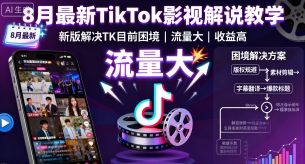 8月最新TikTok影视解说教学，新版解决TK目前困境，流量大，收益高-月亮湾网创资源站