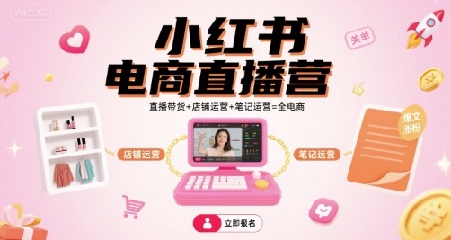 小红书电商直播营，直播带货+店铺运营+笔记运营=全电商-月亮湾网创资源站