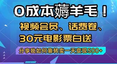 0成本薅羊毛!视频会员、话费卷、30元电影票白送，分享我如何靠转卖一天变现5张+【揭秘】-月亮湾网创资源站