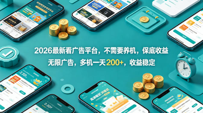 2026最新看广告平台，不需要养机，保底收益，无限广告，多机一天200+，收益稳定【揭秘】-月亮湾网创资源站