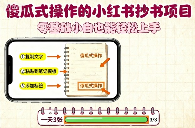傻瓜式操作的小红书抄书项目，会复制粘贴就行，零基础小白也能一天3张-月亮湾网创资源站