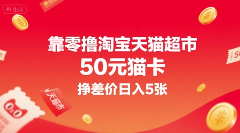 靠零撸淘宝天猫超市50元猫卡，挣差价日入5张-月亮湾网创资源站