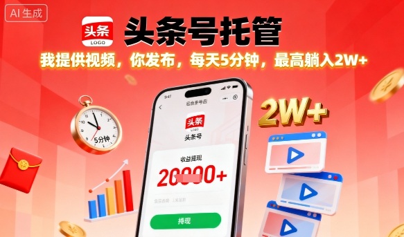 【头条号托管】我提供视频，你发布，每天5分钟，最高躺入2W+【揭秘】-月亮湾网创资源站