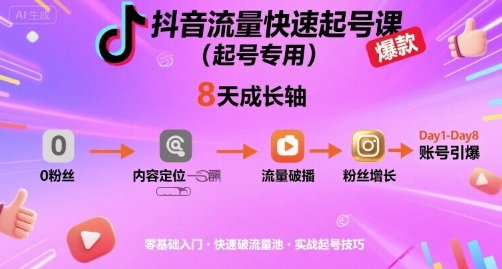 抖音流量快速起号课(起号专用)，8天带你做爆自己的账号-月亮湾网创资源站
