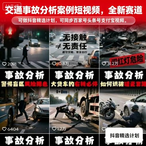 交通事故分析案例短视频，全新赛道，可做抖音精选计划，可同步百家号头条号支付宝视频号平台-月亮湾网创资源站
