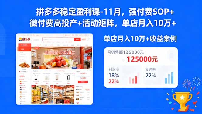 拼多多稳定盈利课-11月，强付费SOP+微付费高投产+活动矩阵，单店月入10w+-月亮湾网创资源站