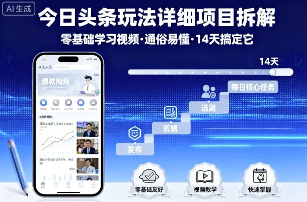 今日头条玩法详细项目拆解，零基础学习视频 通俗易懂 14天搞定它-月亮湾网创资源站