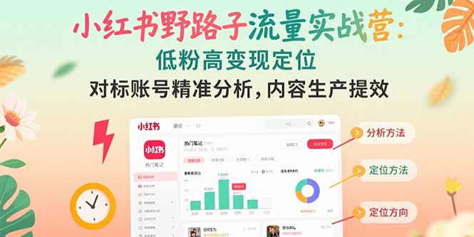 小红书野路子流量实战营：低粉高变现定位 对标账号精准分析 内容生产提效-月亮湾网创资源站