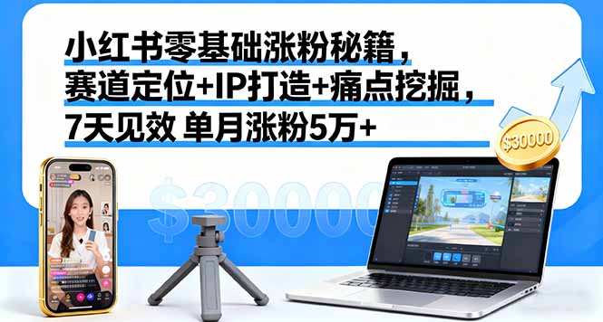 小红书零基础涨粉秘籍，赛道定位+IP打造+痛点挖掘，7天见效 单月涨粉5万+-月亮湾网创资源站