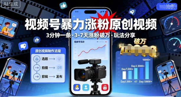 视频号暴力涨粉原创视频，3分钟一条原创视频，3-7天涨粉破万，玩法分享给你-月亮湾网创资源站