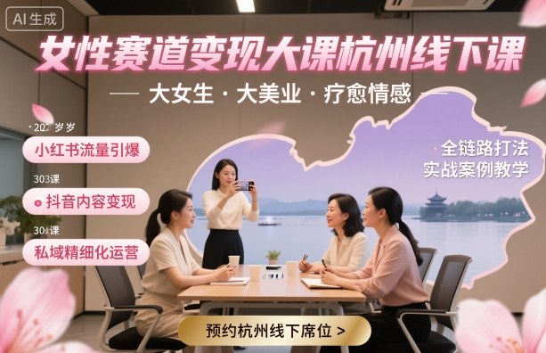 女性赛道变现大课杭州线下，大女生，大美业，疗愈情感，一套小红书、抖音、私域全链路打法-月亮湾网创资源站