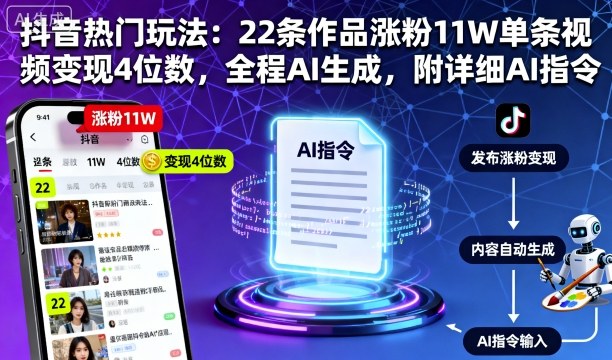 抖音热门玩法：22条作品涨粉11W单条视频变现4位数，全程AI生成，附详细AI指令-月亮湾网创资源站