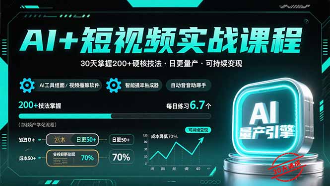 AI+短视频实战课程：30天掌握200+硬核技法，实现日更量产可持续变现-月亮湾网创资源站