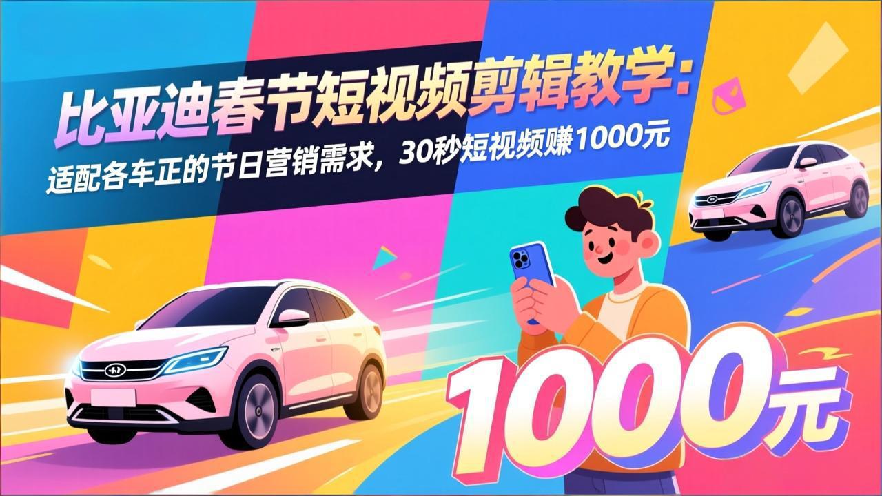 比亚迪春节短视频剪辑教学：适配各车企的节日营销需求，30秒短视频赚1000元-月亮湾网创资源站