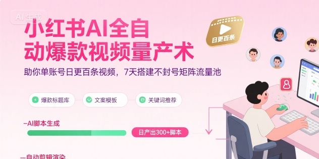 小红书AI全自动爆款视频量产术，助你单账号日更百条视频，7天搭建不封号矩阵流量池-月亮湾网创资源站