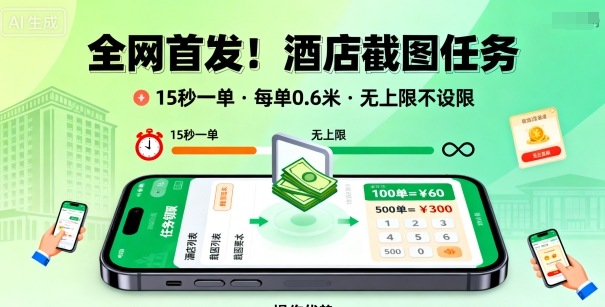 全网首发！酒店截图任务，15秒一单，每单0.6米，任务无上限不设限，矩阵操作单日3张到手【揭秘】-月亮湾网创资源站