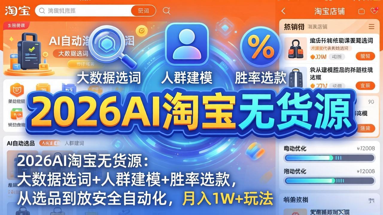 2026AI淘宝无货源-4月更新：大数据选词+人群建模+胜率选款，从选品到放大全自动化，月入1W+玩法-月亮湾网创资源站