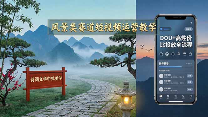 风景类赛道短视频运营教学：诗词文学中式美学，新号养号对标账号定位，DOU+高性价比投放全流程-月亮湾网创资源站