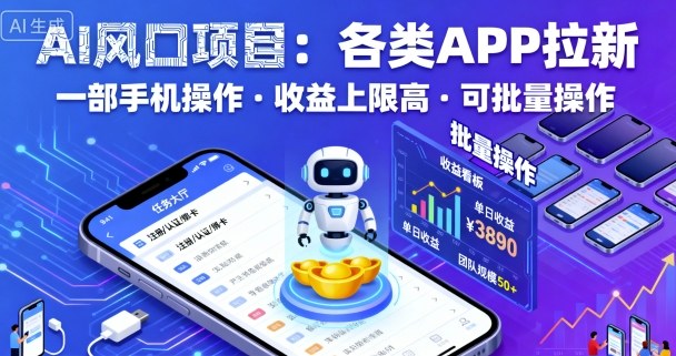 AI风口项目，各类APP拉新，一部手机就可以操作，收益上限高，可批量操作-月亮湾网创资源站