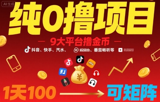 纯0撸项目，9大平台撸金币，抖音，快手，汽水，番茄畅听等，1天100，可矩阵-月亮湾网创资源站