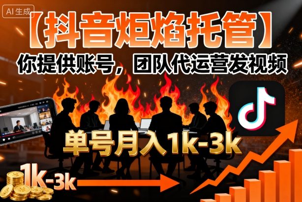【抖音炬焰托管】你提供账号，团队代运营发视频，单号月入1k+【揭秘】-月亮湾网创资源站