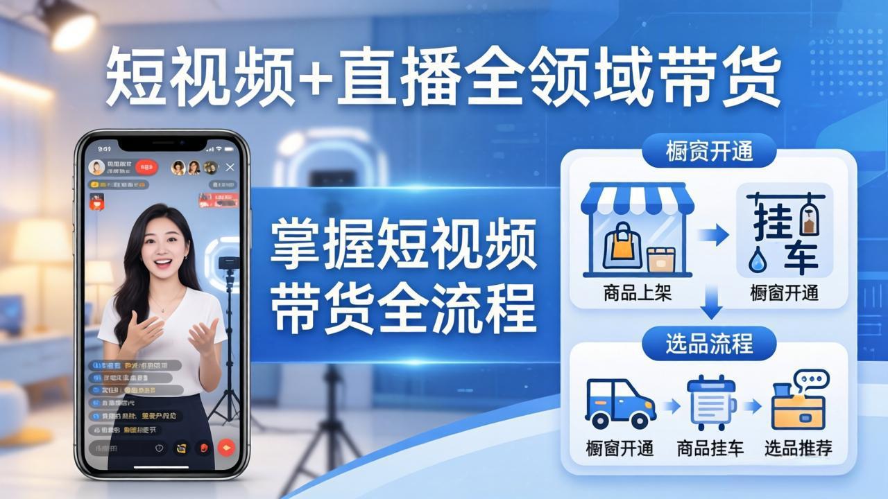 短视频+直播全领域带货：掌握橱窗开通、挂车、选品、爆款文案改编等短视频带货全流程-月亮湾网创资源站