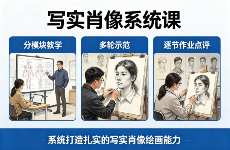 写实肖像系统课，全程分模块教学+多轮示范+逐节作业点评，系统打造扎实的写实肖像绘画能力-月亮湾网创资源站