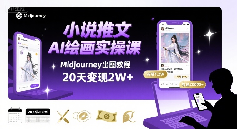 小说推文干货分享之AI绘画MJ出图实操课，用Midjourney做小说推文，20天挣2w-月亮湾网创资源站