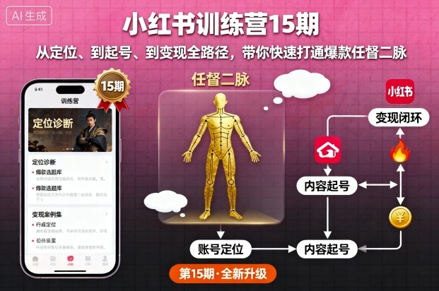 小红书训练营15期，从定位、到起号、到变现全路径，带你快速打通爆款任督二脉-月亮湾网创资源站