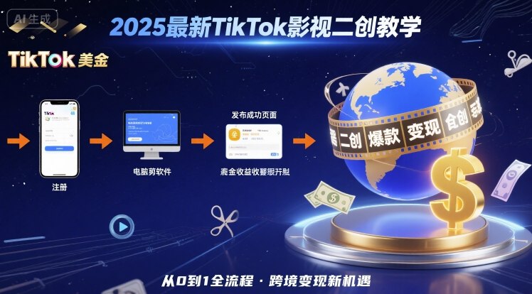 2025年最新TikTok影视二创教学，从注册到发布撸美金全流程，跨境变现新机遇-月亮湾网创资源站